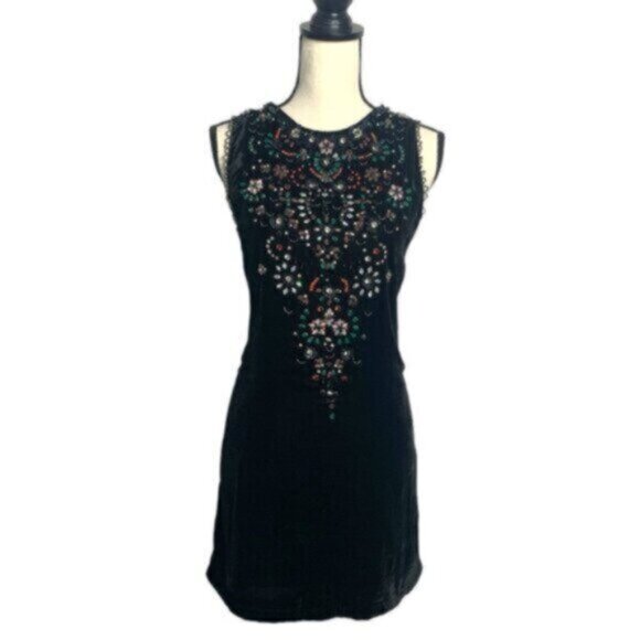Vintage Beaded Black Velvet Mini Dress Floral Embellished Cocktail Mini Dress - Picture 5 of 17